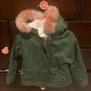 Olive Green Winter Jacket w/ Pink Fur